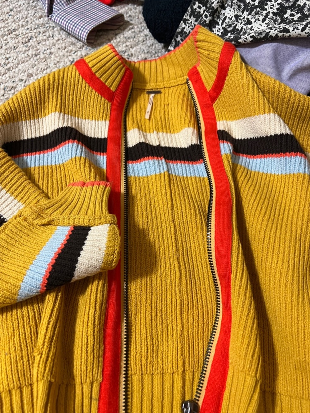 Free People Mustard Yellow Zip Cardigan with Red Trim and Multi-Stripe Accents